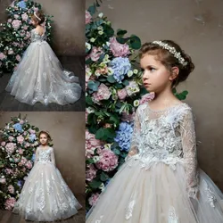 Long Sleeves Ivory Flower Girl Dresses For Weddings Feather Lace Applique Little Kids Baby Gowns Custom First Communion Dress