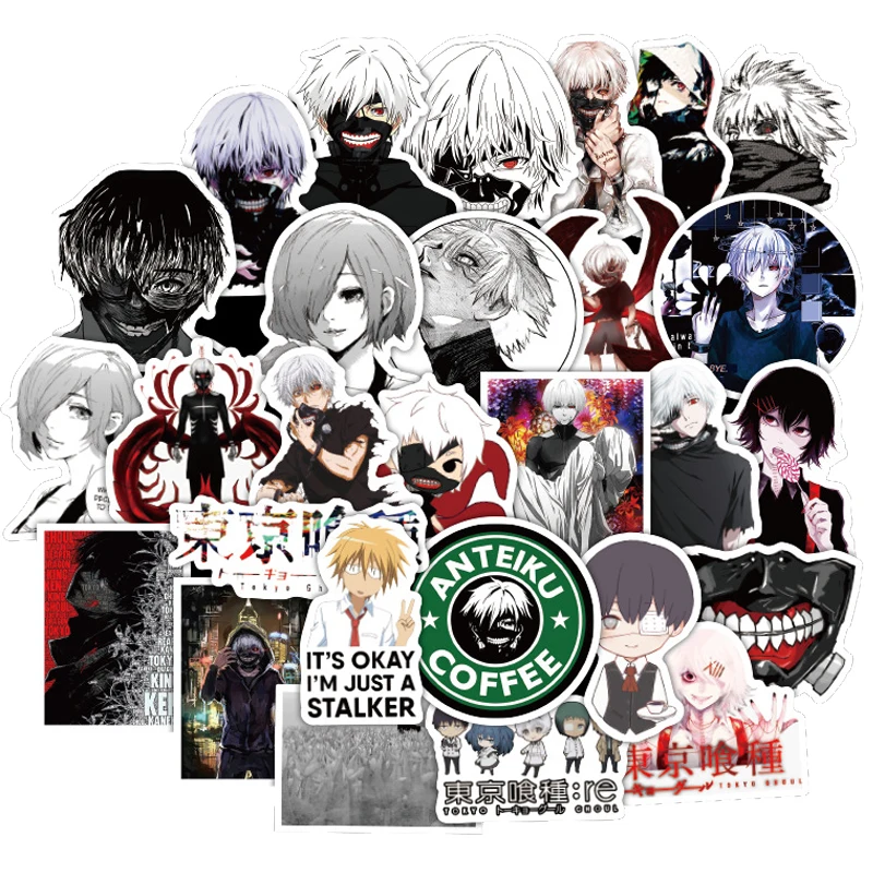 50 pièces Pack Tokyo Ghoul autocollants étanche japon Anime bricolage pour sur voiture ordinateur portable guitare téléphone Ps4 bagages Cool autocollant (lot de 50)