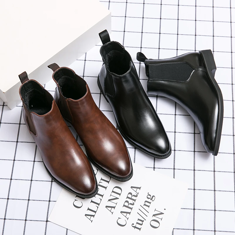 YEINSHAARS Men Wedding Gentleman High Quality Leather Shoes Mens Boots Chelsea Fashion Shoes For Men Keep Warm Brown Black Boots