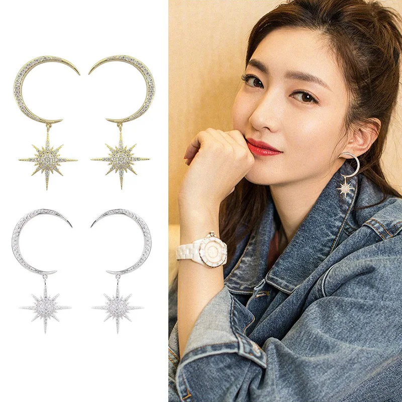 

2019 Pendientes Aretes Socialite Personality Shanzuan Crescent Earrings Hipster Temperament Exaggerated Stars Eight Star Long