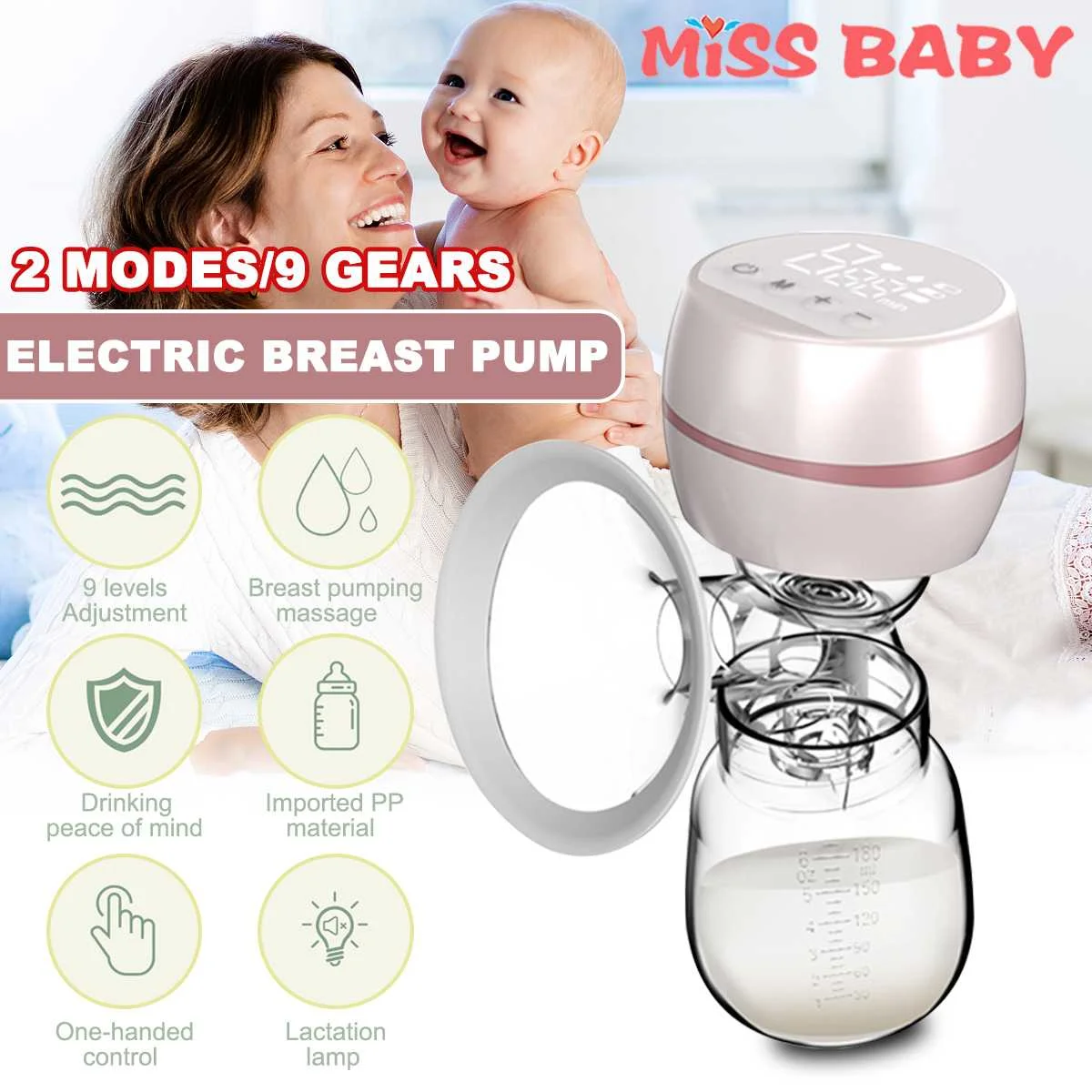 Electric Breast Pump Breast  9 Gears Suction Massage Adjustment Milk Pump with L 