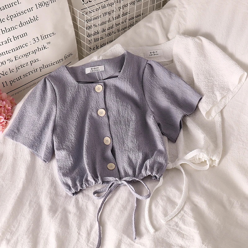 Woman Button Cardigan Shirt Blouse 2021 Summer Retro Square Neck Chiffon Shirt Purple Drawstring Short Sleeve Lace Up Crop Top