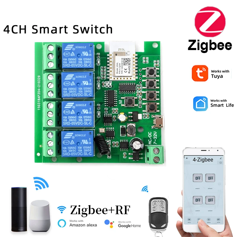 Умный 4-Канальный Релейный модуль Zigbee Tuya 5 в постоянного тока 7-32 В rf433мгц