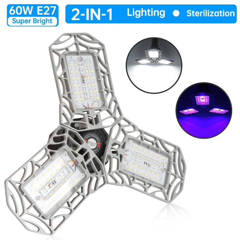 

2 in1 E27 UVC Ultraviolet Germicidal Lamp 60W LED Foldable Garage Disinfection Light For kill Bacteria Virus Keep Family Health