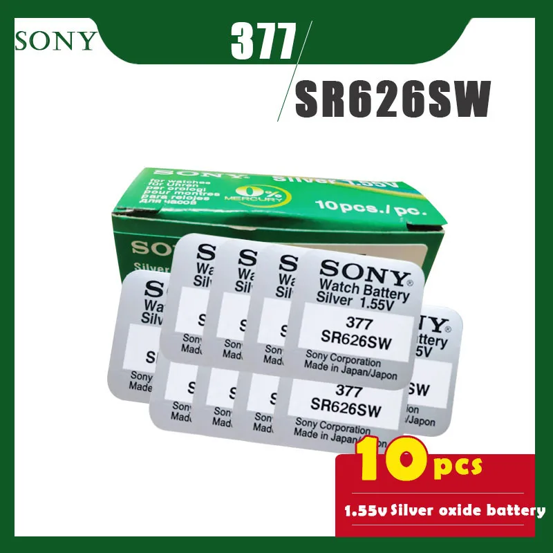 10 Uds Original SONY 377 SR626SW 1,55 V óxido de plata pila de botón 626 SR626 V377 AG4 para relojes de juguete grano de embalaje