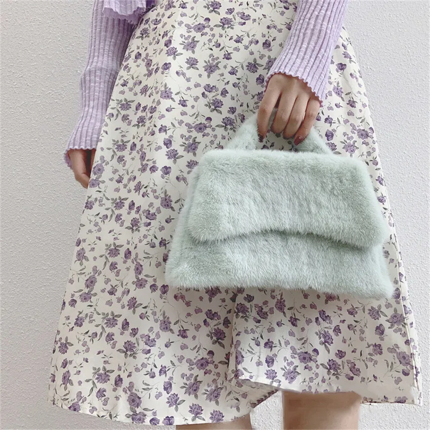 Female Mink Leather Solid Color Plush Casual Lady Handbag Shoulder Fashion Exquisite Shopping Bag_voghion.com