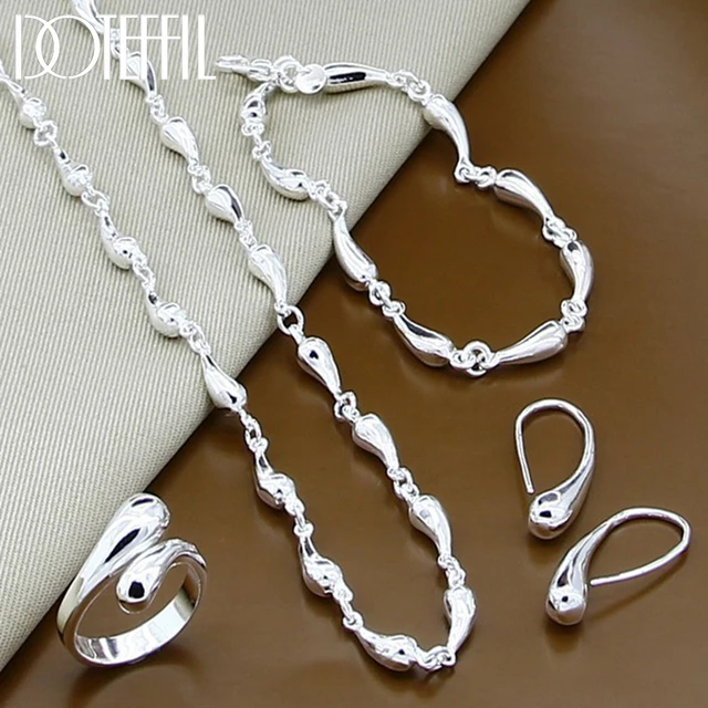 DOTEFFIL 925 Sterling Silver 18 Inch Chain Water Drops Chain Necklace Bracelet Earring Ring Set For Women Wedding Jewelry