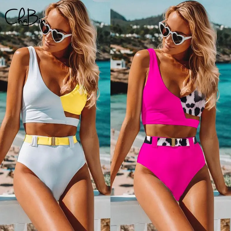 

New 2020 Women Sexy Irregular Bikini Set Padded Leopard Patchwork Swimwear Beach Bathing Suit High Waist Swimsuit with Belt