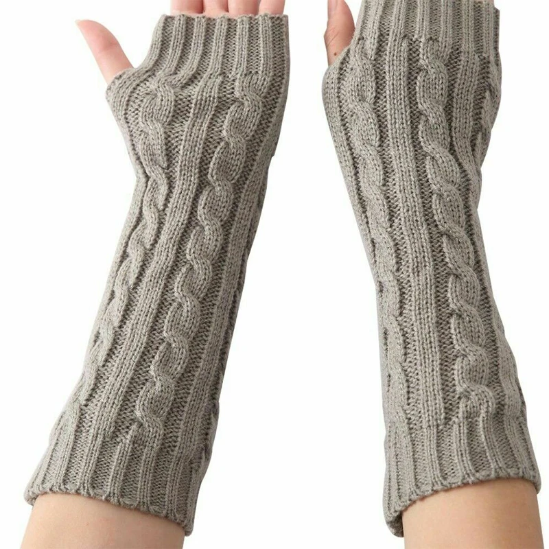 Женские зимние вязанные длинные перчатки без пальцев, мягкие однотонные вязаные теплые варежки, вязаные рукава, велосипедные перчатки - Цвет: Серый