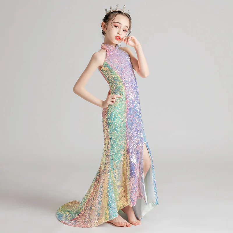 Evening Dress for Girls Kids Elegant Gowns Teen Birthday Party Dresses Sexy Multicolor Sequins Graduation Performance Tail Dress