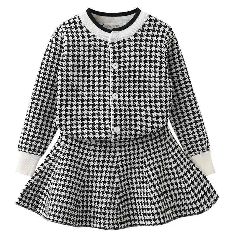 Bear Leader Girls Dress New Winter Party Dress Long Sleeve Girls Dresses Kids Knitted Top Coat+ Dress Children Knitwear 2pcs - Цвет: blac -AZ410