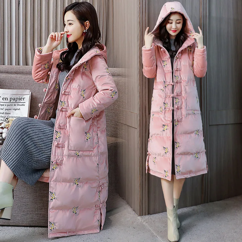 

2019 New Winter Fall Womens Embroidery Black Beige Hooded Velour Parka Coat , Female Women Loose Long Warm Velvet Coats Parkas