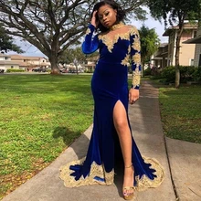 

Royal Blue Prom Dress Mermaid High Neck Side Split Gold Lace Prom Party Gowns Arabic African Evening Vestidos Wear