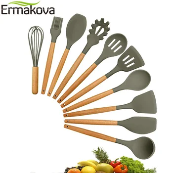 

ERMAKOVA Silicone Cooking Utensils Set Natural Wooden Handles Turner Tongs Spatula Spoon Nonstick Kitchen Cooking Tools Gadget