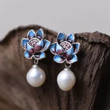 

Langyan Enamel 925 Silver Lotus Flower Small Stud Earrings Women 2021 Ethic Vintage Pearl Thai Silver Piercing Earrings EH006