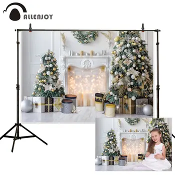 

Allenjoy bokeh fireplace photophone christmas tree gifts white interior decoration photography backdrop photo studio background