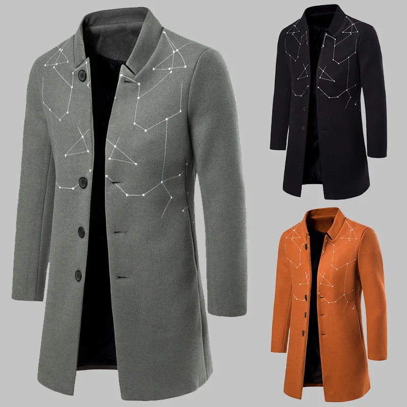 

2019 Foreign Trade Autumn & Winter New Style Embroidered Men Casual Versatile Mid-length Woolen Cloth Coat YF01
