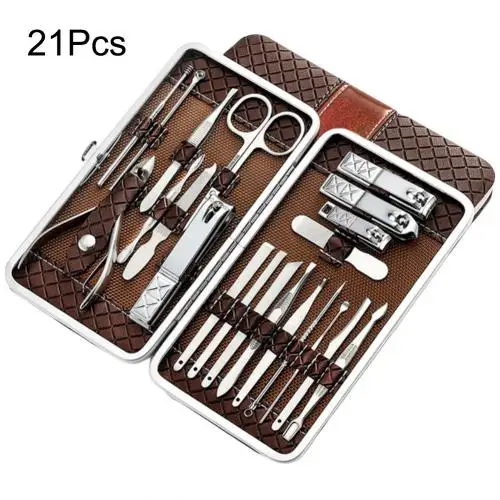 Brown 21Pcs 21/18 шт нержавеющая сталь кусачки для ногтей маникюр, щипцы для кутикулы и педикюра, инструмент с Чехол Комплекты& Наборы путешествия педикюр набор инструментов с Чехол - Цвет: Brown 21Pcs