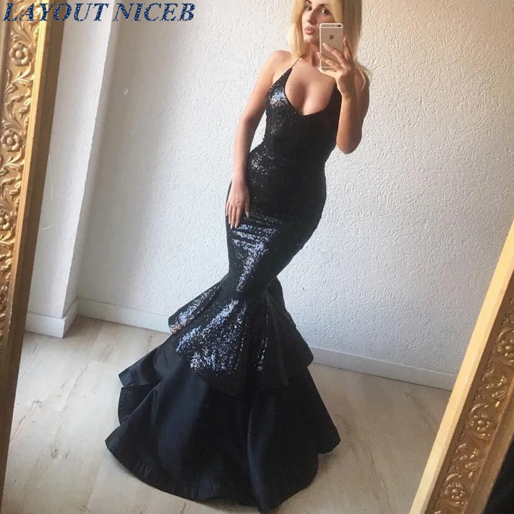 Zwarte Pailletten Bling Mermaid Avondjurk Lange Halter Robe De Soiree Tiered Satin Rok Abendkleider Vestido De Festa
