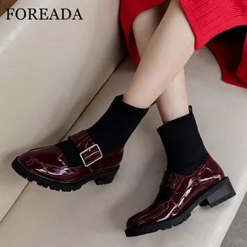 

FOREADA Buckle Woman Boots Med Heel Ankle Boots Platform Chunky Heel Short Boots Round Toe Female Shoes Autumn Black Wine Red
