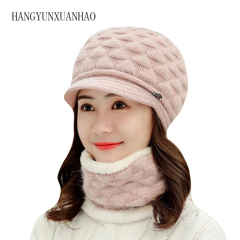 

Women Rabbit Fur Beret Hat Spring Winter Warm Knitted Caps Scarf Crochet Wool Baret Elegant Ladies Solid Color Hats Beret Femini