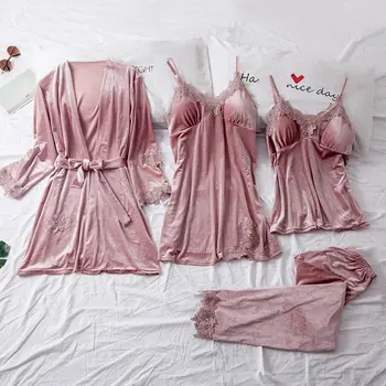 

Winter Velvet Pajamas Set for Women Soft Keep Warm Sexy Sleepwear PJs 4PCs Full Sleeve Strap Nightgown Bath Robe Lingerie Suit