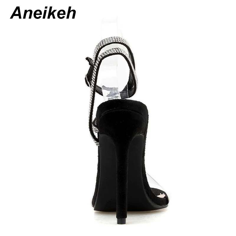 Aneikeh/женские Босоножки на каблуке из ПВХ; туфли-лодочки с ремешками на лодыжках в римском стиле; стразы; модельные туфли на высоком тонком каблуке с открытым носком и пряжкой; женская обувь; размер 42