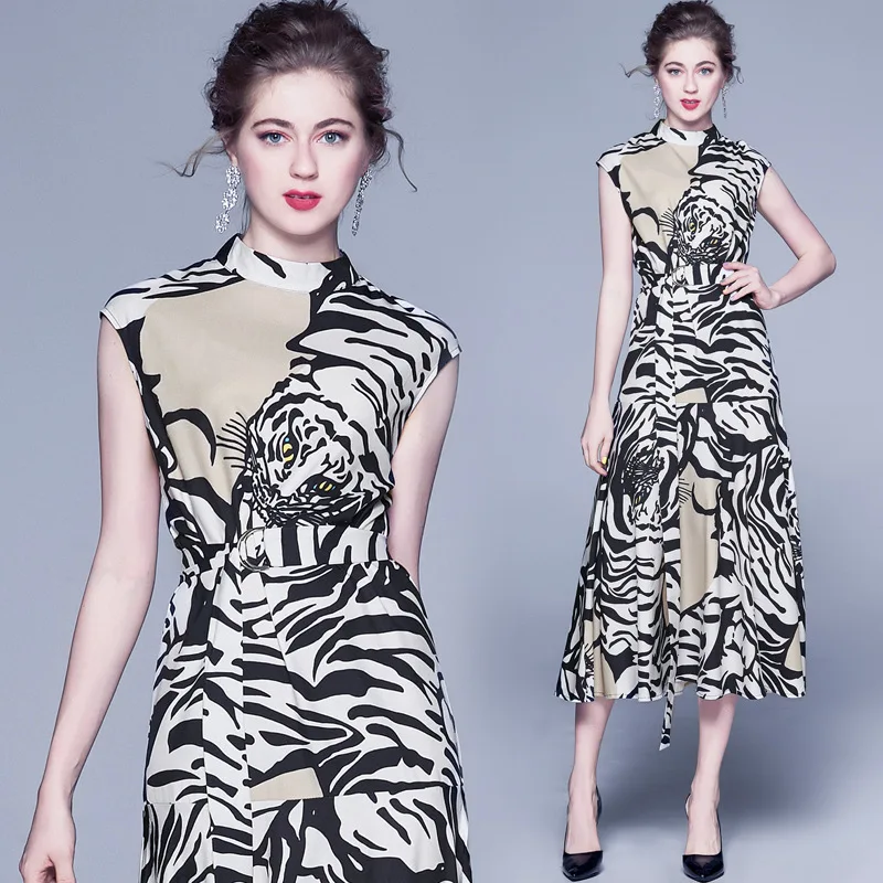 

1068 Ozhouzhan New Style Tiger Pattern Printed Stand Collar Sleeveless Waist Hugging with Belt Elegant Dress Women's