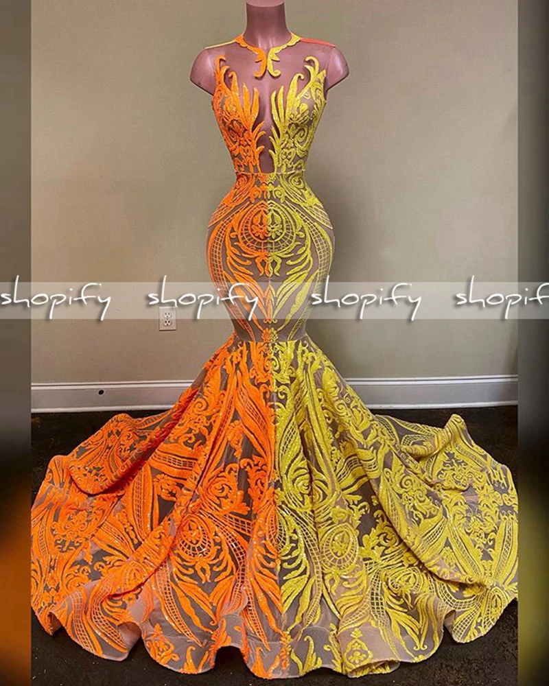 Real Sample Long Prom Dresses 2022 Sheer Oneck Mermaid Style Orange
