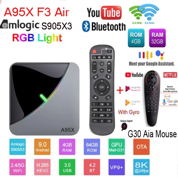 Android 9,0 RGB светильник Smart tv Box Amlogic S905X3 USB3.0 1080P H.265 4K 60fps Wifi Google Play Netflix Youtube A95X F3 Air 8K