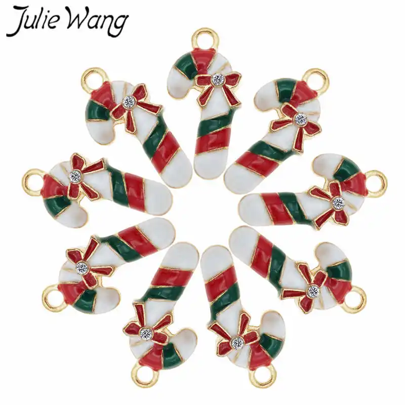 Julie Wang 10 шт. эмаль Рождественский тростник шармы золотистые кулон ожерелье ювелирные изделия Поиск Изготовление аксессуаров Фестиваль Декор