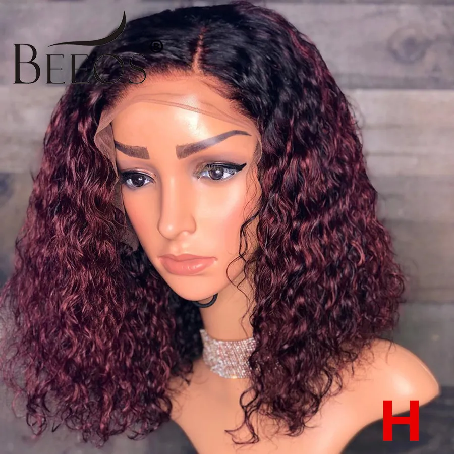 

Beeos Ombre 1B99J Burgundy 180% 13*6 Lace Front Human Hair Wig Peruvian Remy Curly Hair Colored Wigs Preplucked Hairline