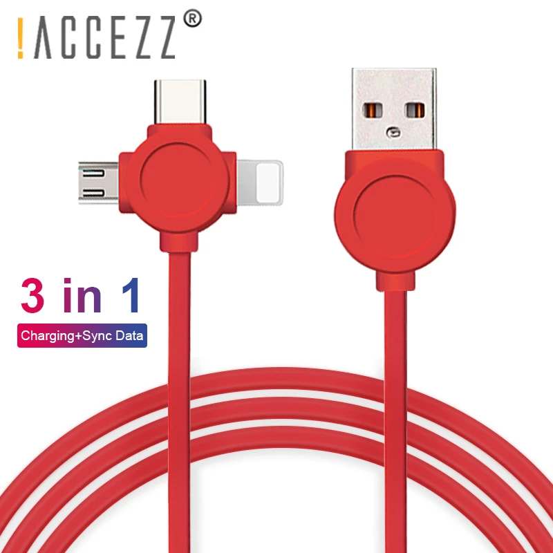 ! USB кабель ACCEZZ 3 в 1 для быстрой зарядки с разъемом Type C iPhone X 7 8 Plus IOS Xiaomi Huawei Samsung