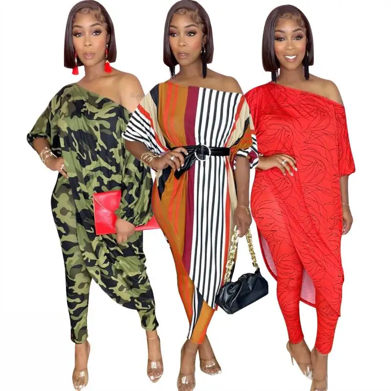 2 Piece Set Women Autumn Striped Camouflage Irregular T-Shirts Top + Elastic Waist Long Pants Women Sets Sexy African Clothing