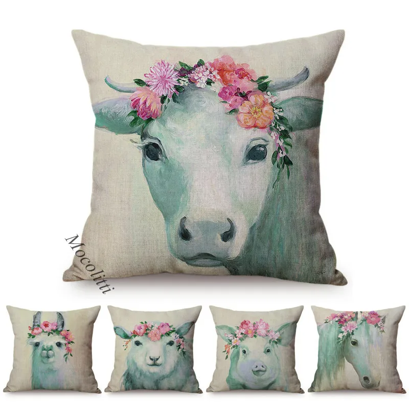 Animal Throw Pillow Case Flowers Water Color Decoration Square Cushion Cover Cattle Horse Alpaca Linen Bed Sofa Cushions | Дом и сад