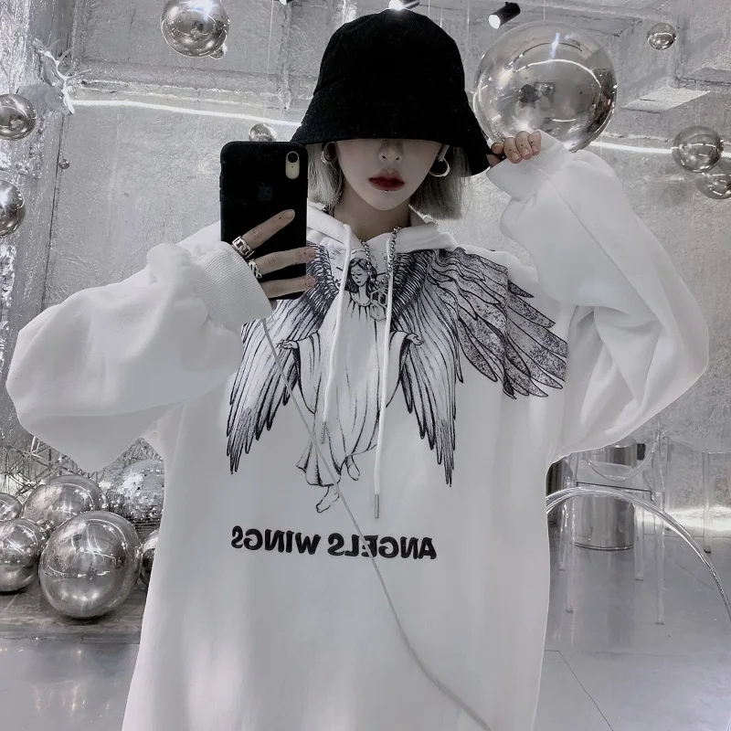 Gothic Women's Sweatshirts Gothic Dark Style Angel Print Casual Ulzzang Hoodies Retro Street Long Sleeve Fashion Clothing - Цвет: White