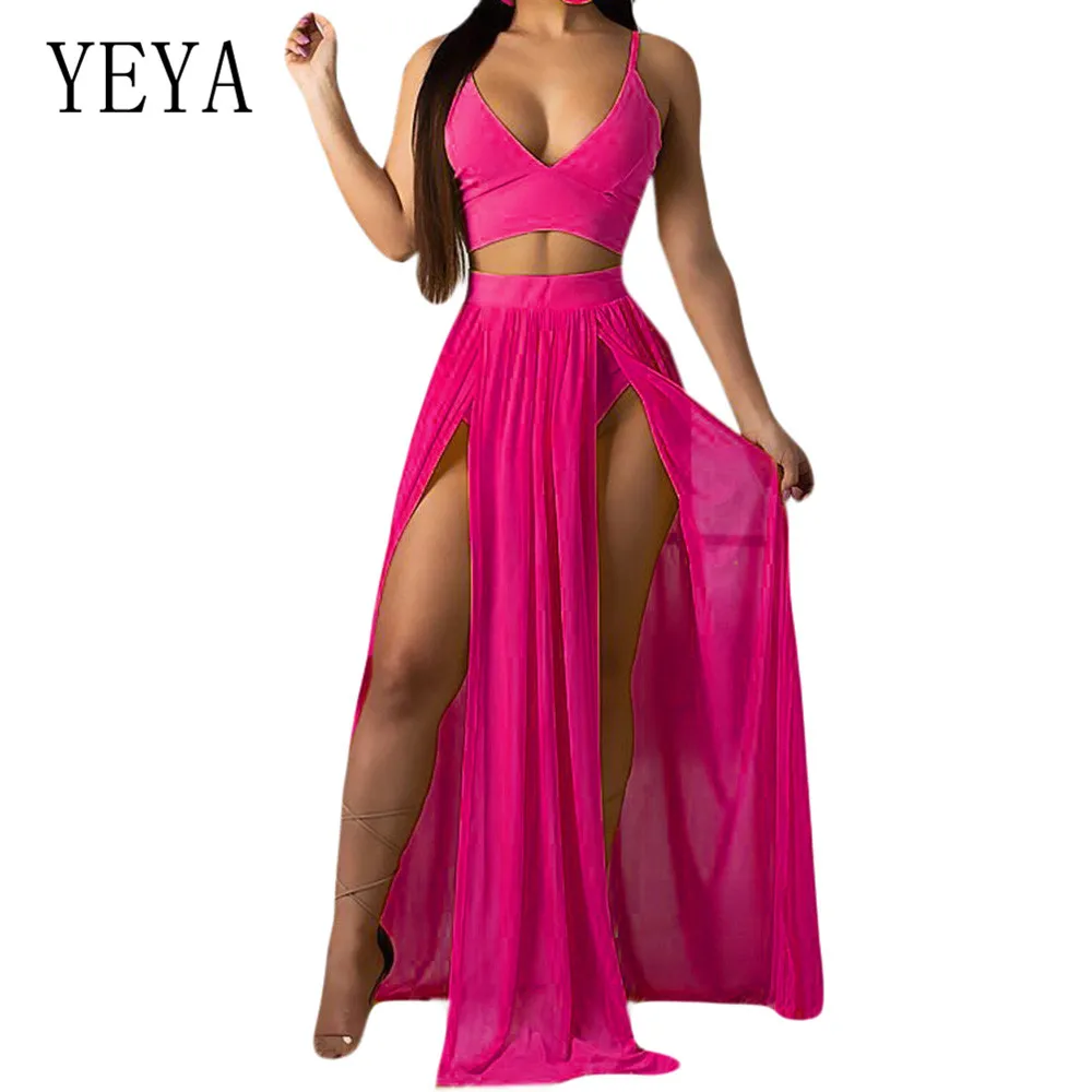 

YEYA Sexy Deep V-neck Sleeveless Two Pieces Sets Chiffon Dress Elegant Hollow Out High Split Maxi Dress Summer Boho Party Wear