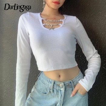 

Darlingaga Casual Ribbed Chain White Tshirt Long Sleeve Slim Crop Tops Autumn T-shirts for Women Tee Shirts Harajuku Cropped New