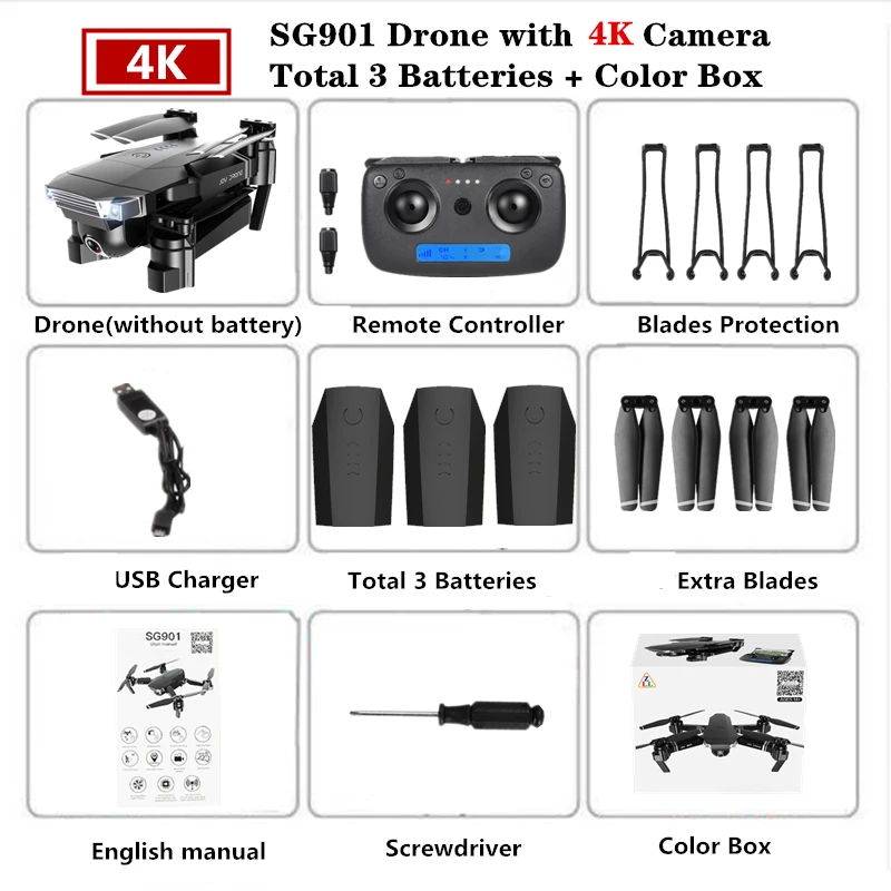 Квадрокоптер SG901 с широкоугольной камерой, Радиоуправляемый мини-Дрон, 4K игрушки, оптический Квадрокоптер, 18 минут, срок службы батареи, VS XS816 SG106 - Цвет: 4K Color Box 3B