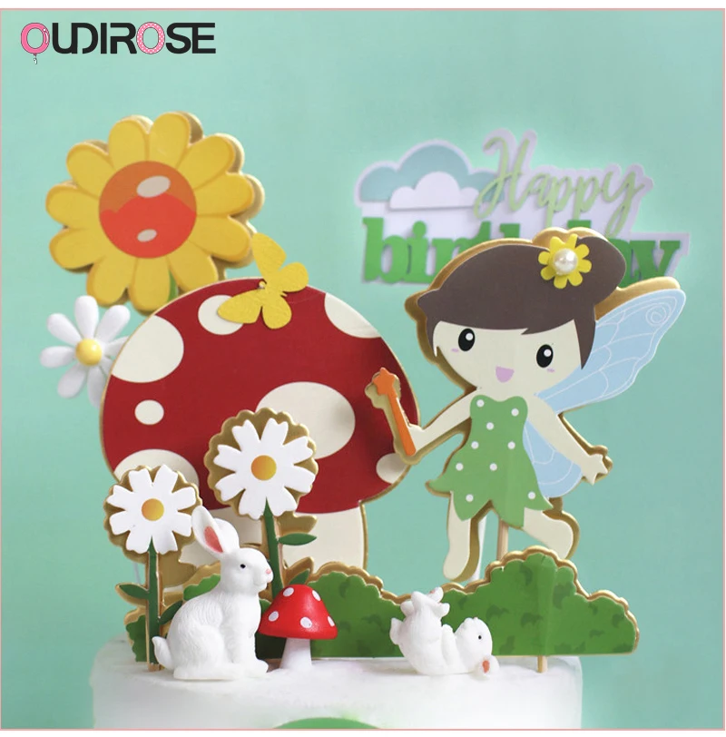 Green Plant Flower Girls Cake Topper Happy Birthday Cupcake Toppers Wedding Party Dessert Table Decor Baby Shower Supplies