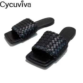 

Black Weave Leather Flat Women Slippers Classic Square Toe Flip Flops Beach Summer Shoes Woman Cozy Runway Blue Ladies Slippers
