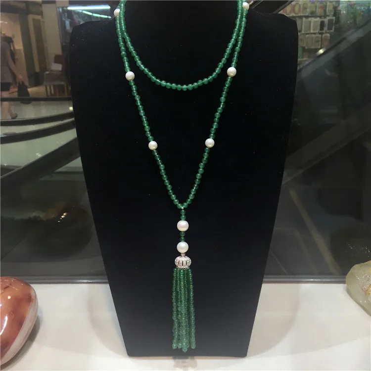 Hand knotted long natural green stone white freshwater pearl micro inlay zircon clasp tassel necklace fashion jewelry