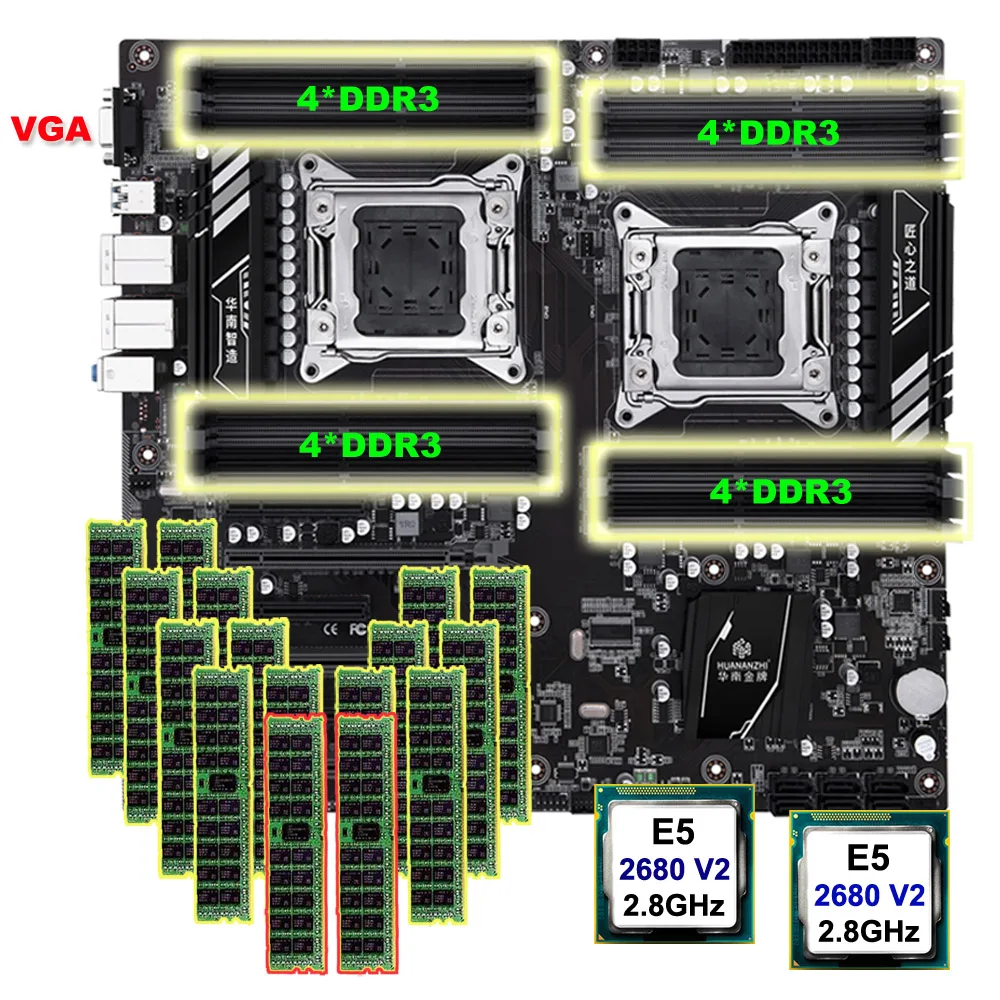 ^*Best Offers HUANANZHI X79-16D motherboard bundle dual CPU Intel Xeon E5 2680 V2 memory 512G(16*32G) RECC discount motherboard with VGA port