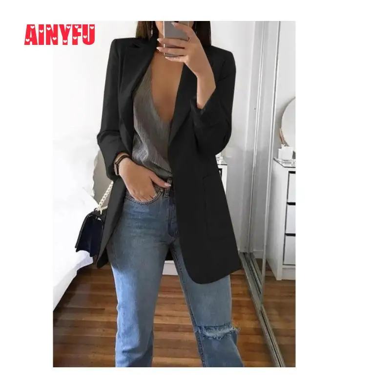 New  Ainyfu Solid Temperament Slim Suit Jacket Woman Turn-down Collar Office Lady Coats Long Sleeve Patc