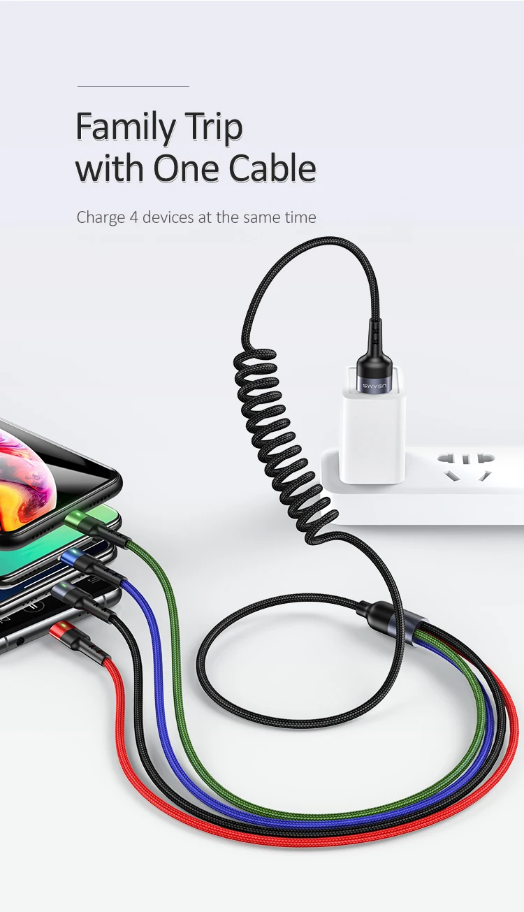 USAMS 4 3 в 1 мульти usb кабель для зарядки для iPhone8 samsung xiaomi зарядное устройство для apple светильник с разъемом микро usb type c кабель светодиодный пружина