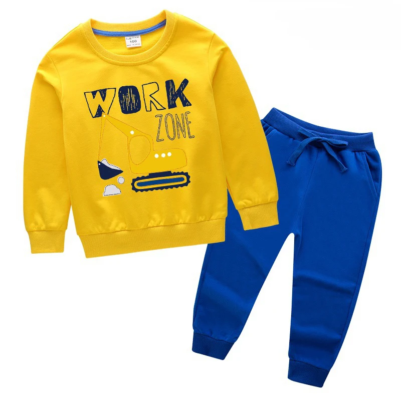 Yellow - blue Детский комплект из хлопка; детская одежда с рисунком экскаватора; Комплект для мальчиков; спортивная одежда для маленьких девочек; Детские комплекты - Цвет: Yellow - blue