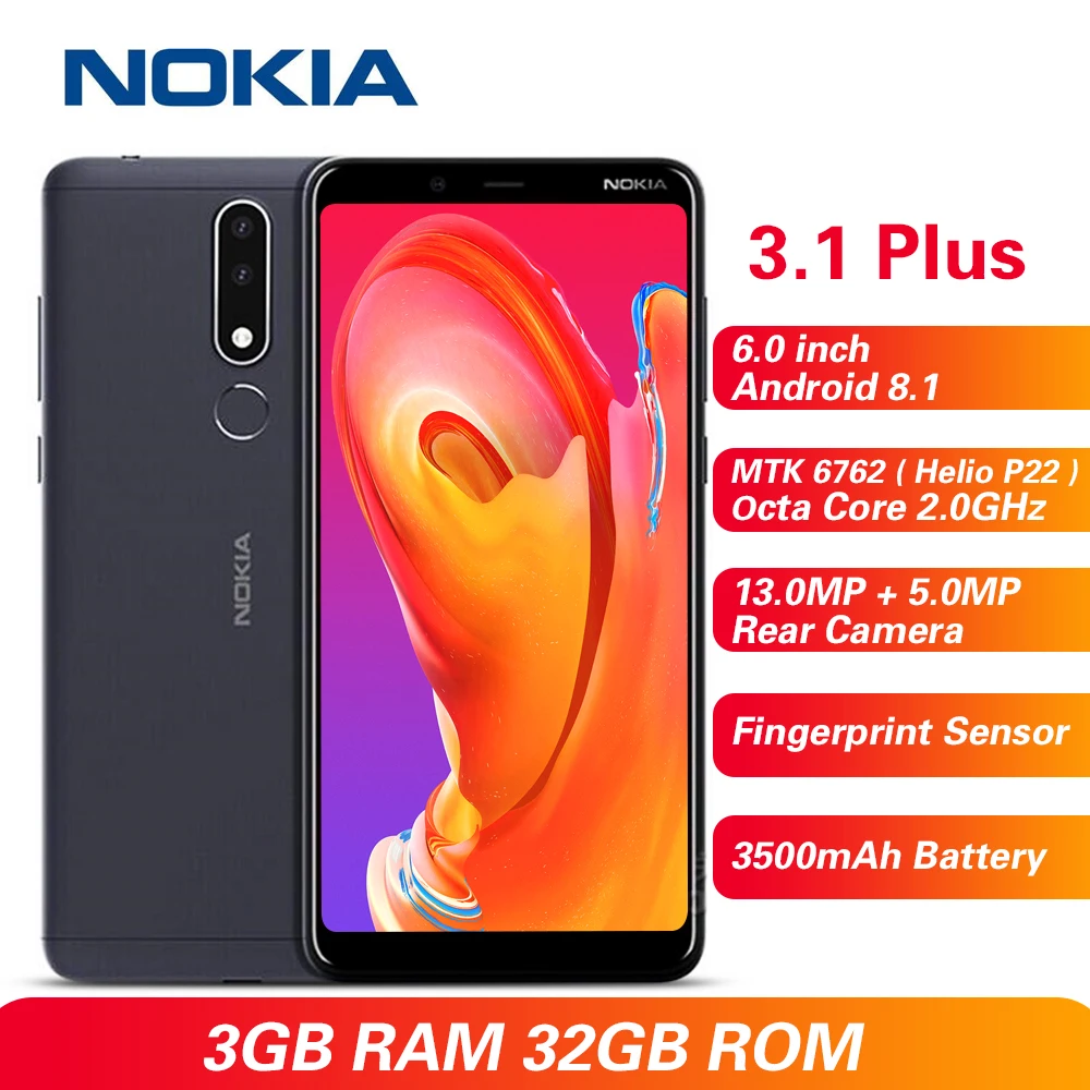 

Nokia 3.1 Plus 4G 6.0 inch Android 8.1 MTK 6762 (Helio P22) Octa Core 2.0GHz 3GB 32GB 13.0MP+5.0MP Fingerprin 3500mAh Cellphones