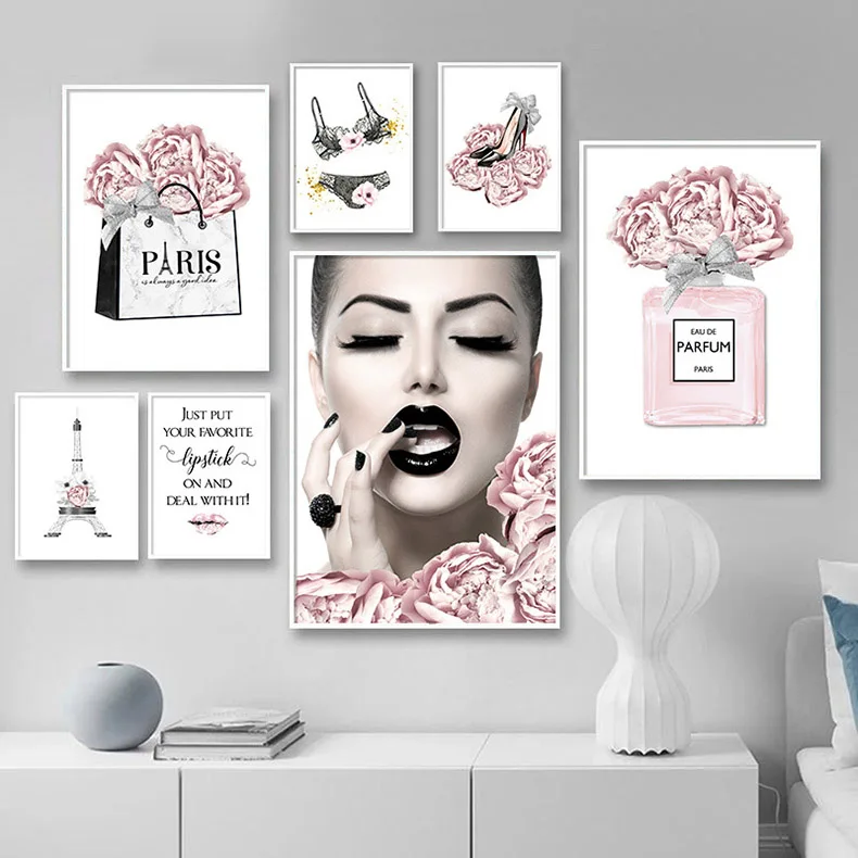 Lipstick Perfume Fashion poster High Heels Floral Makeup Print on Canvas Art painting Modern Lady Picture Living Room Wall Decor | Дом и сад
