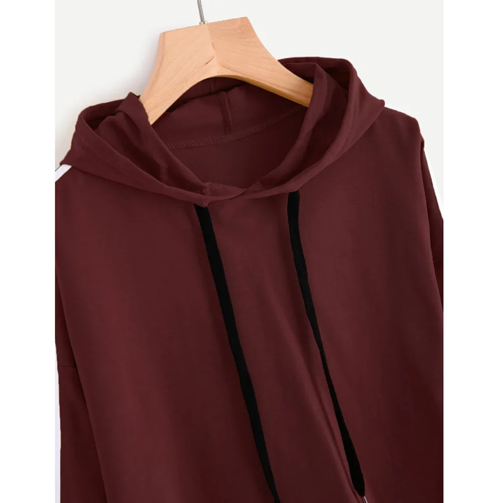 JAYCOSIN Fashion Women Striped Long Sleeve Loose Sweatshirt Casual Solid Simple Chic Solid Color Hooded Pullover Top 