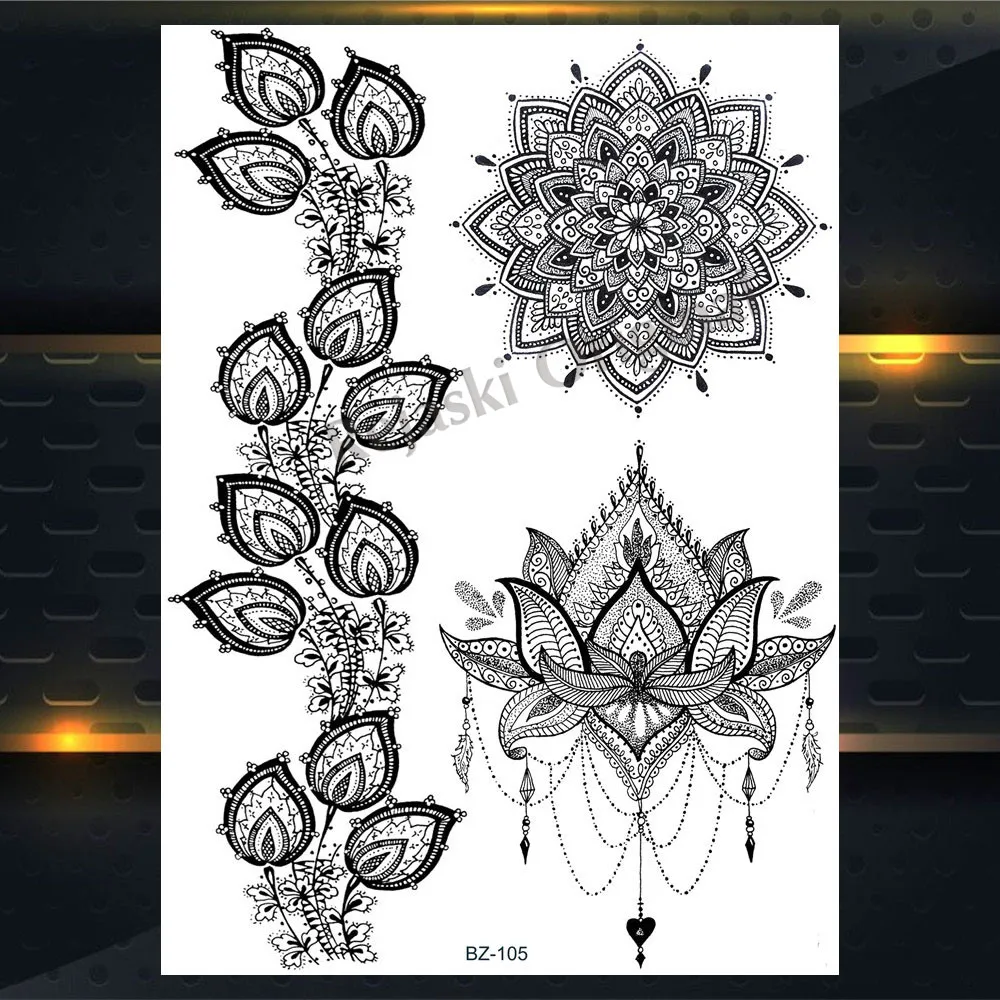 PBZ105 REJASKI черный серьги Henna Mandala цветок временные татуировки для Для женщин Стикеры пикантные водостойкие татуировки, боди-арт Arm талией, эксклюзивный дизайн татуировки - Цвет: PBZ105